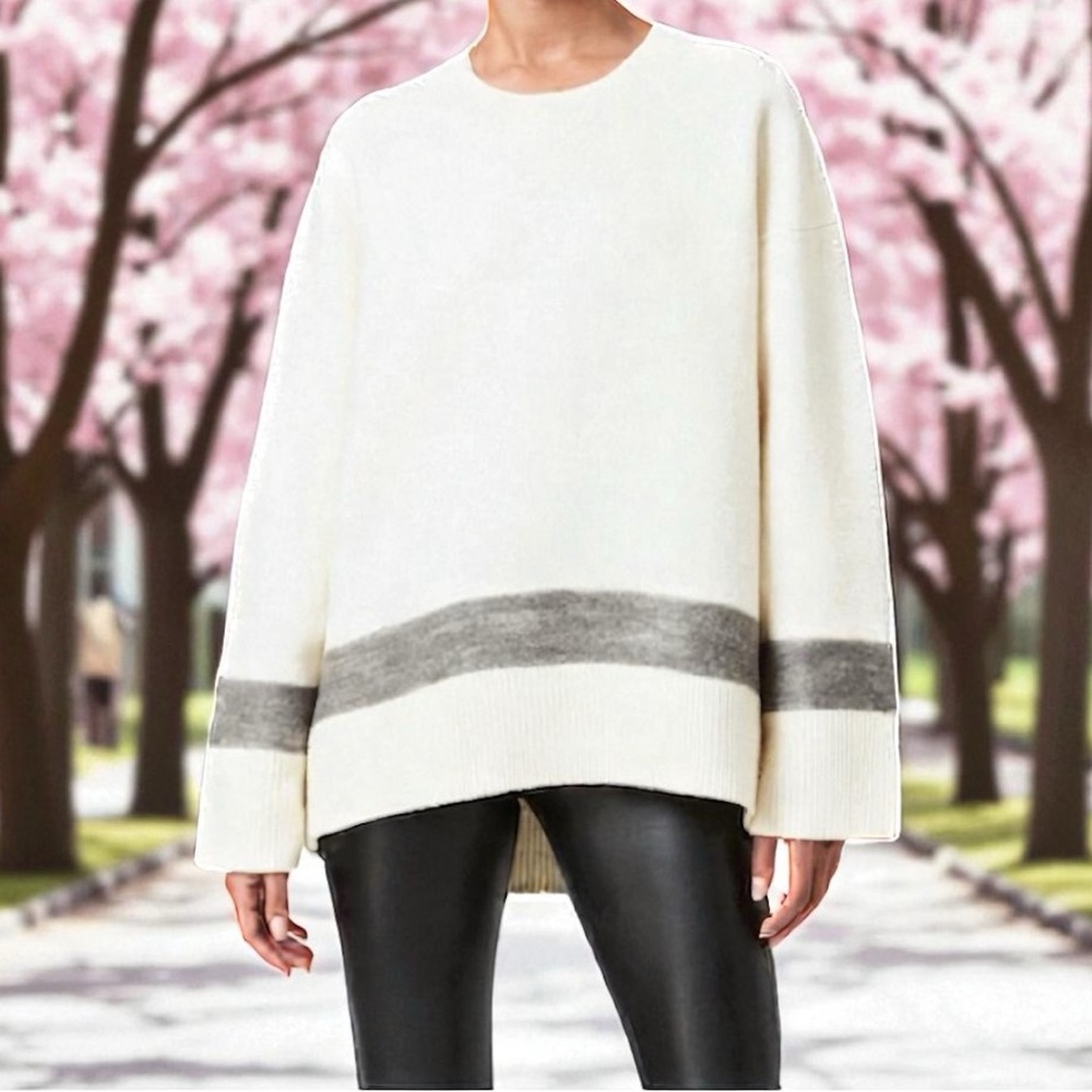 ALLSAINTS 100% Merino Wool Sweater Beige w/ Gray Stripe Size M Crewneck